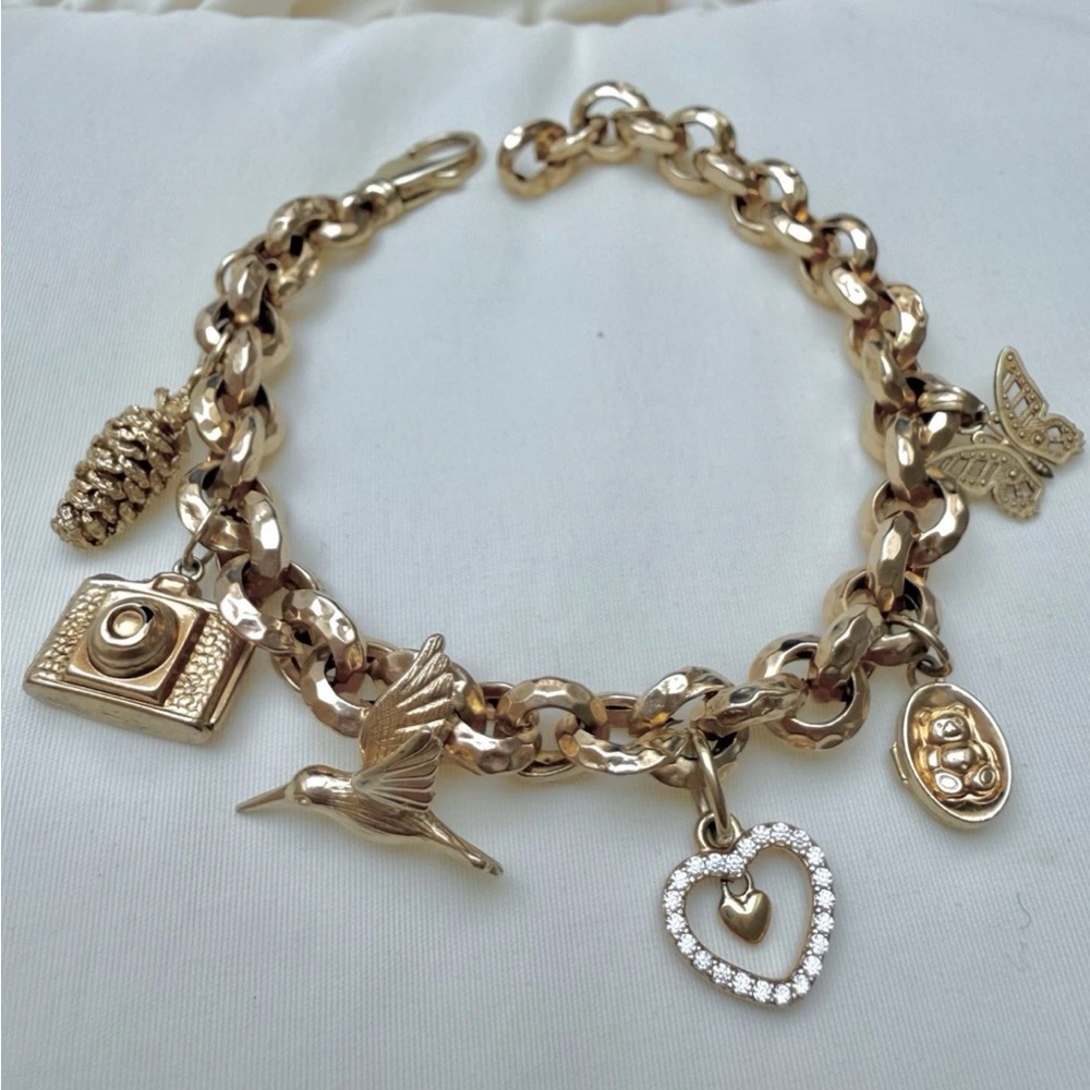 Real 14K - 18k Gold Charm Bracelet Butterfly Heart Bird Camera Fine Jewelry
